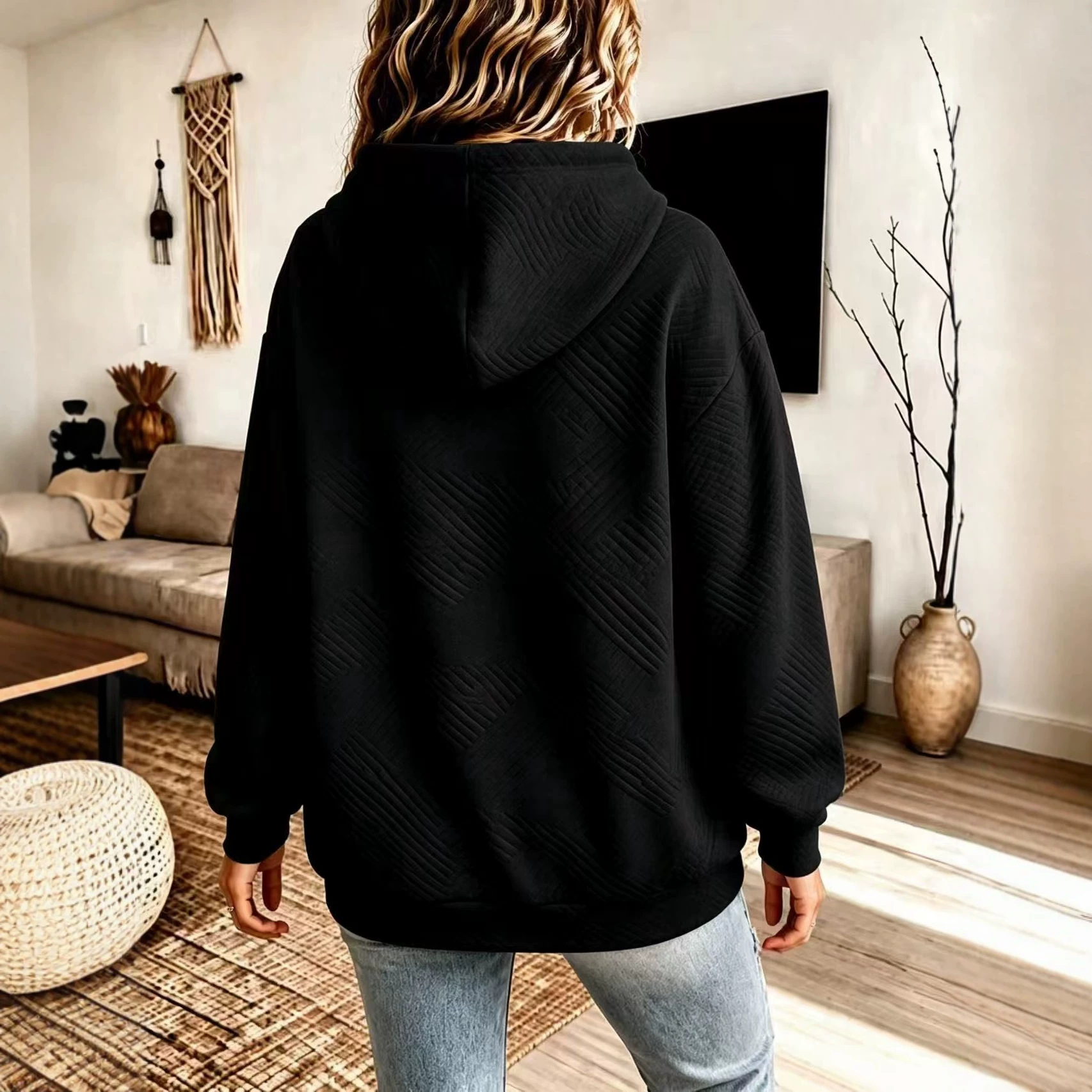 Plus Size Solid Color Hooded Zip-Up Loose Fit Women's Sweatshirt
