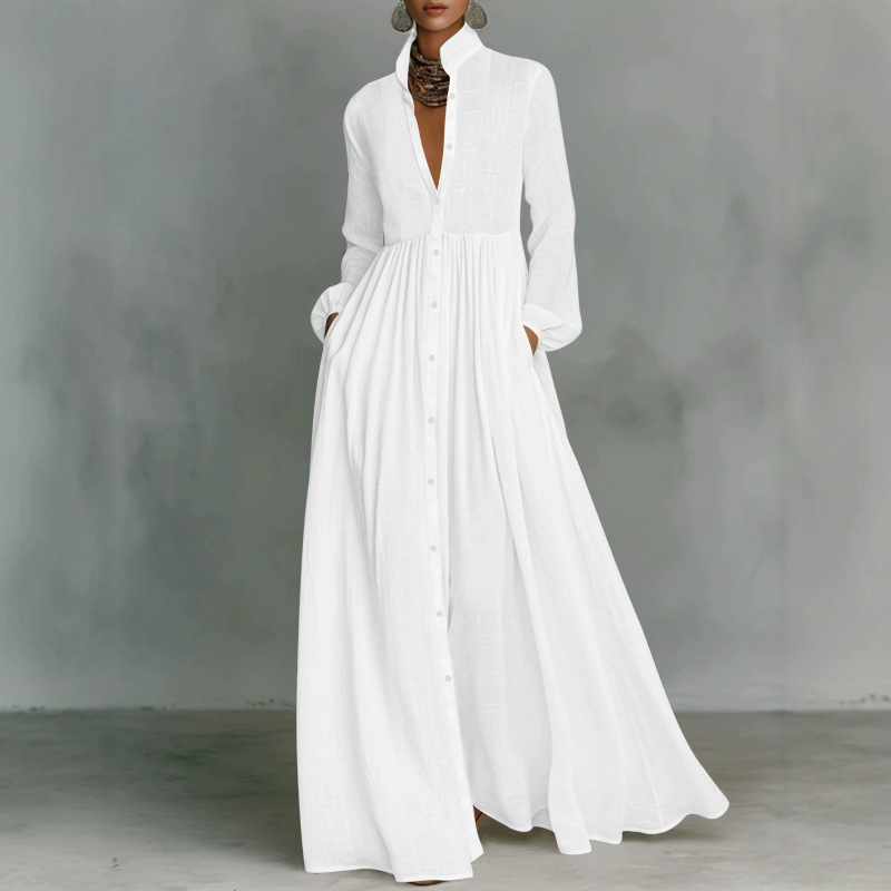 Textured Stand Collar Long Shirt Dress with Lantern Sleeves and Pockets