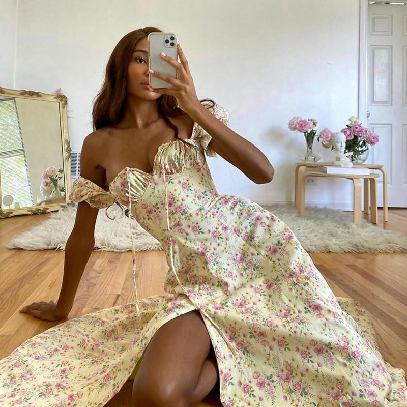 Women's Long French Floral Dress with Square Neck and Short Sleeves