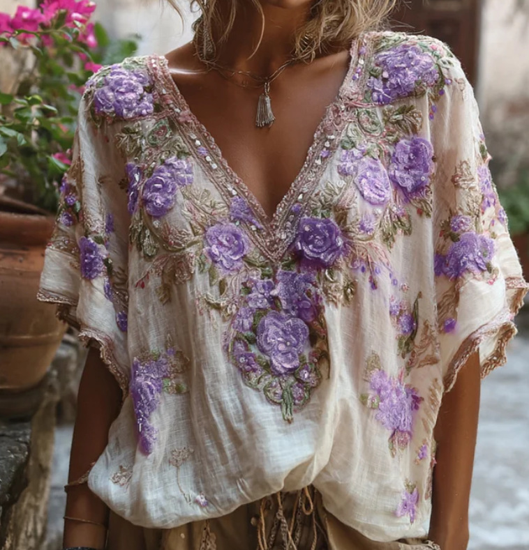 3D Digital Print V-Neck Half-Sleeve Top