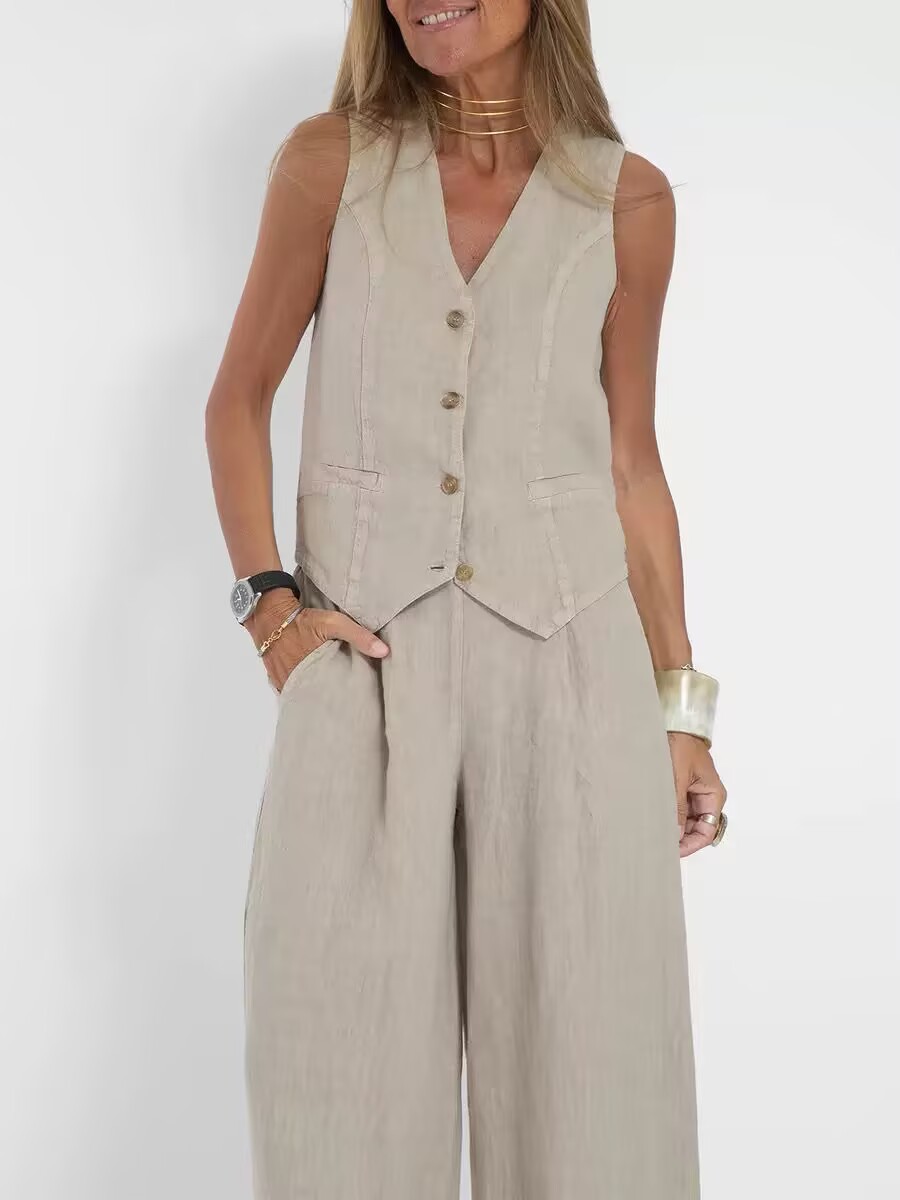 Women's Sleeveless Vest & Pants Set Cotton Linen Patchwork Casual