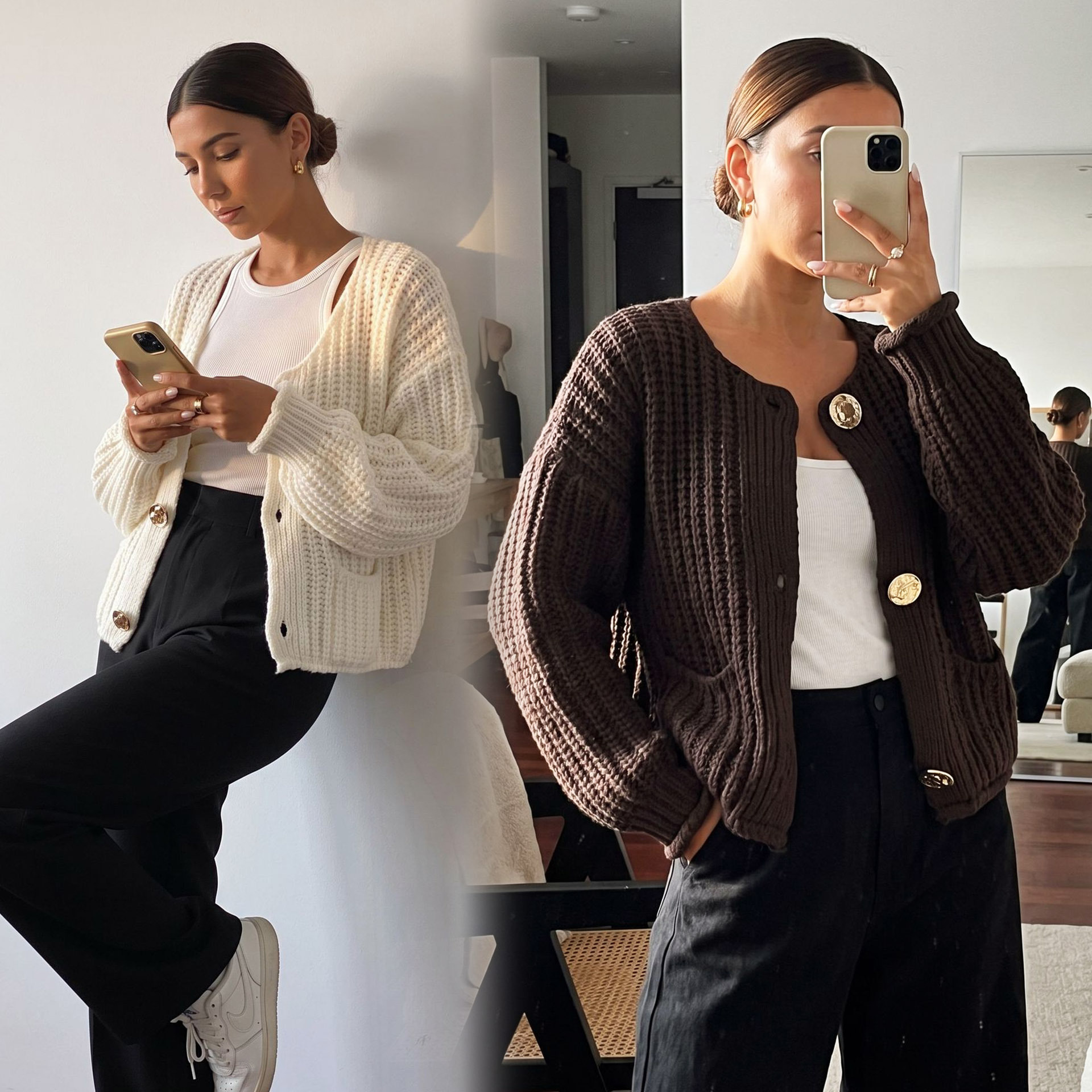 Women's Metal Button Round Neck Knit Cardigan Sweater Coat