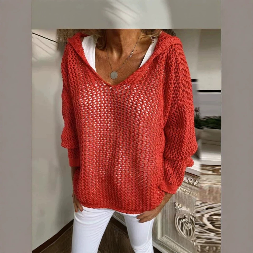 Hooded Knit Sun Protection Top Lightweight Loose Pullover