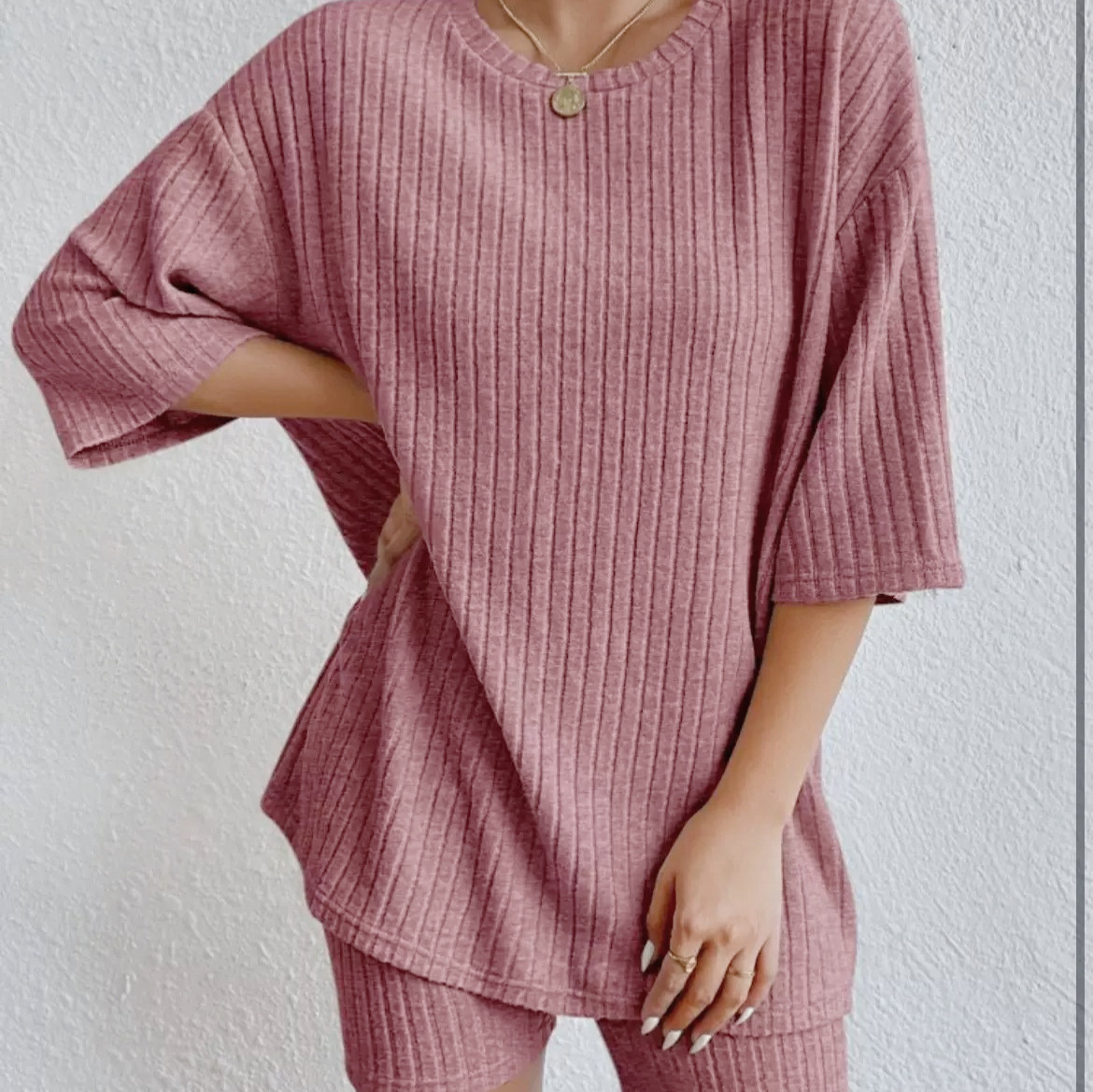 Women's Solid Color Crewneck Loose Shorts Set