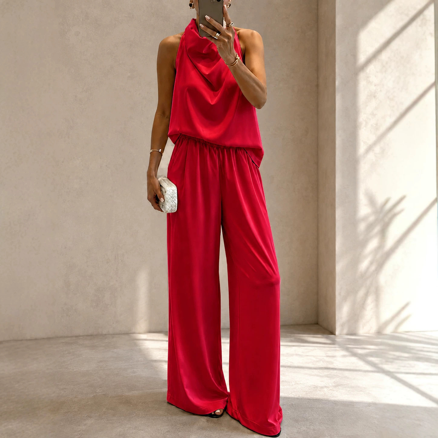 Women's Summer Halter V-Neck Sleeveless Top & High-Waist Wide-Leg Pants Set
