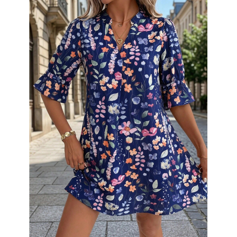 Floral Print V-Neck Short Sleeve Midi Dress
