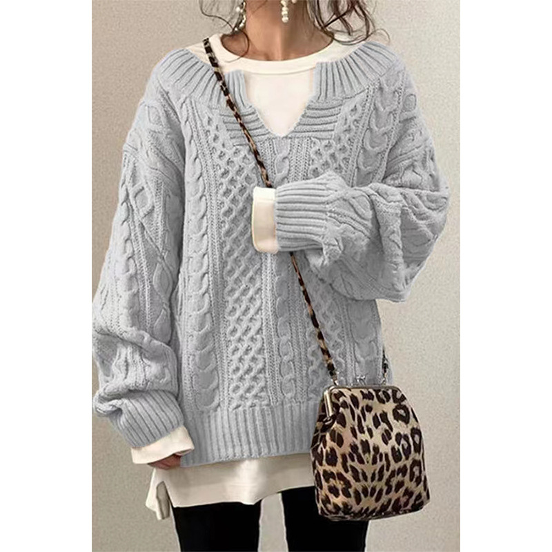 Cable-Knit Loose-Fit V-Neck Women's Sweater