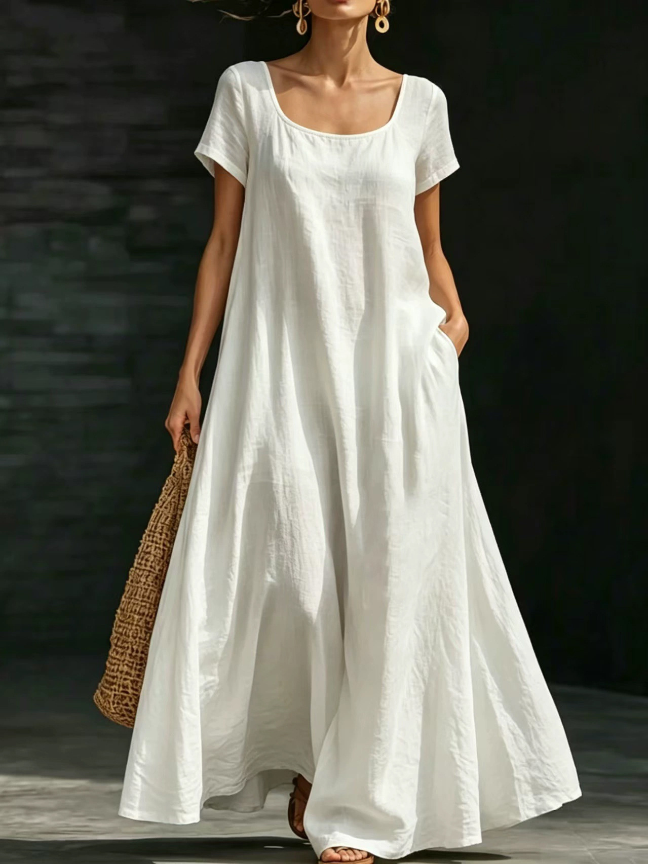 Summer U-Neck Short Sleeve Loose Fit Maxi Dress Solid Casual
