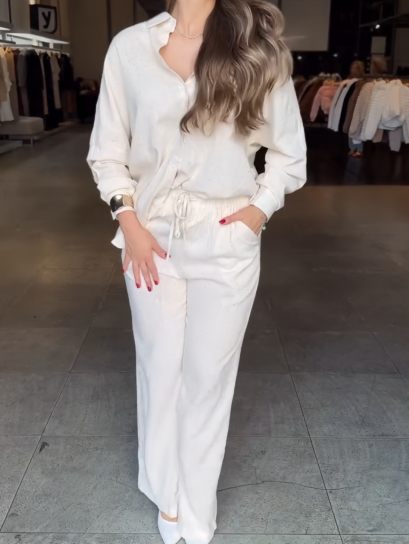 Rhinestone Star Print Shirt & Drawstring Wide-Leg Pants Set