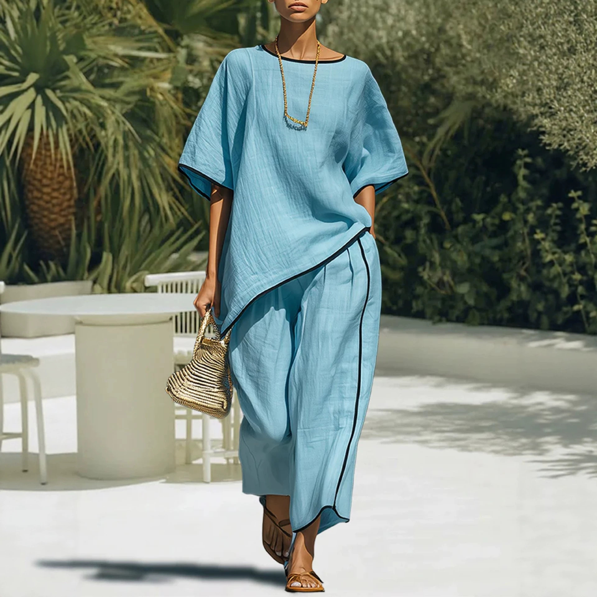 Women's Elegant Round Neck Short Sleeve Two-Piece Pant Set