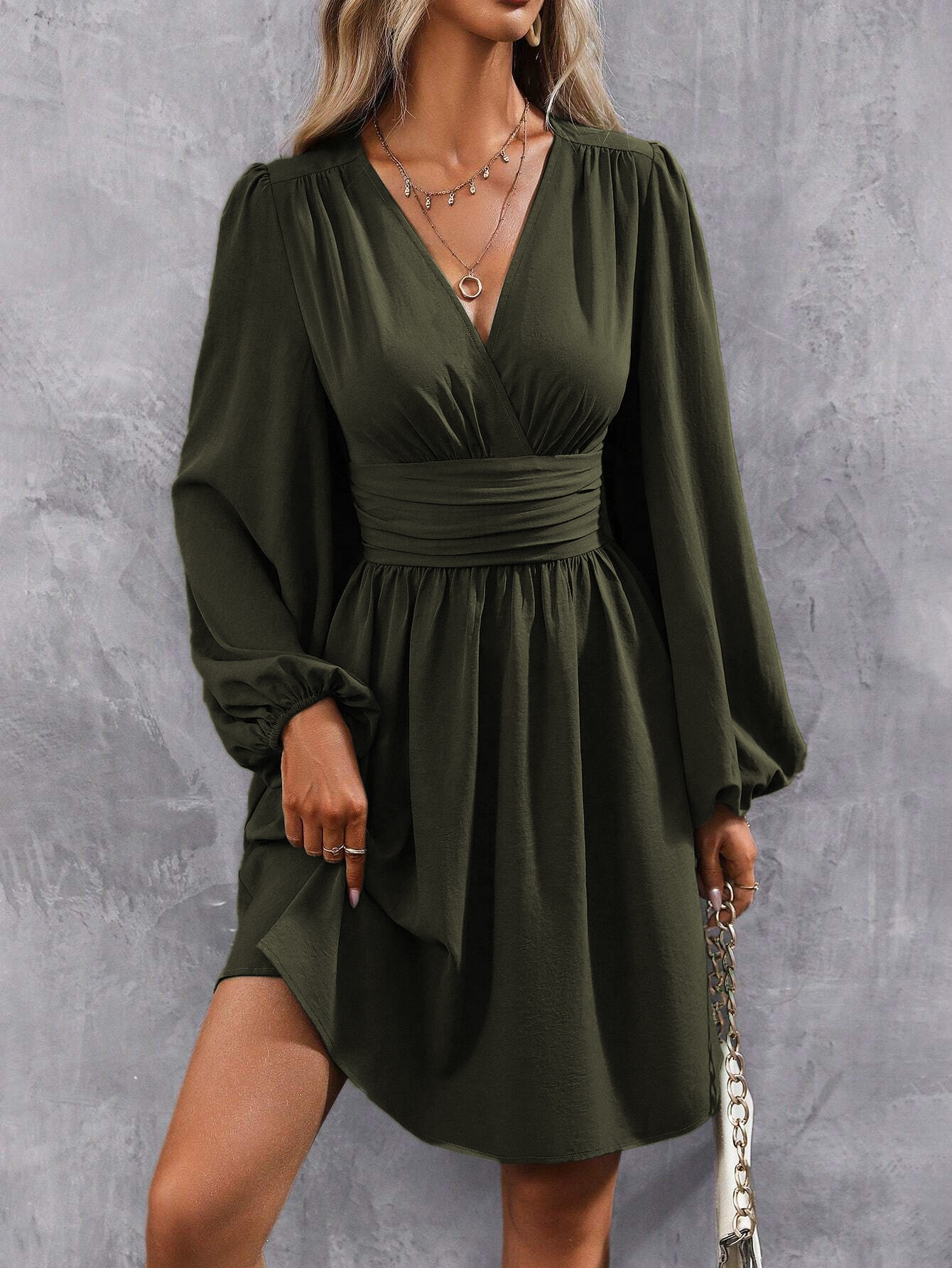 Asymmetric Collar Lantern Sleeve Ruched Waist A-Line Dress