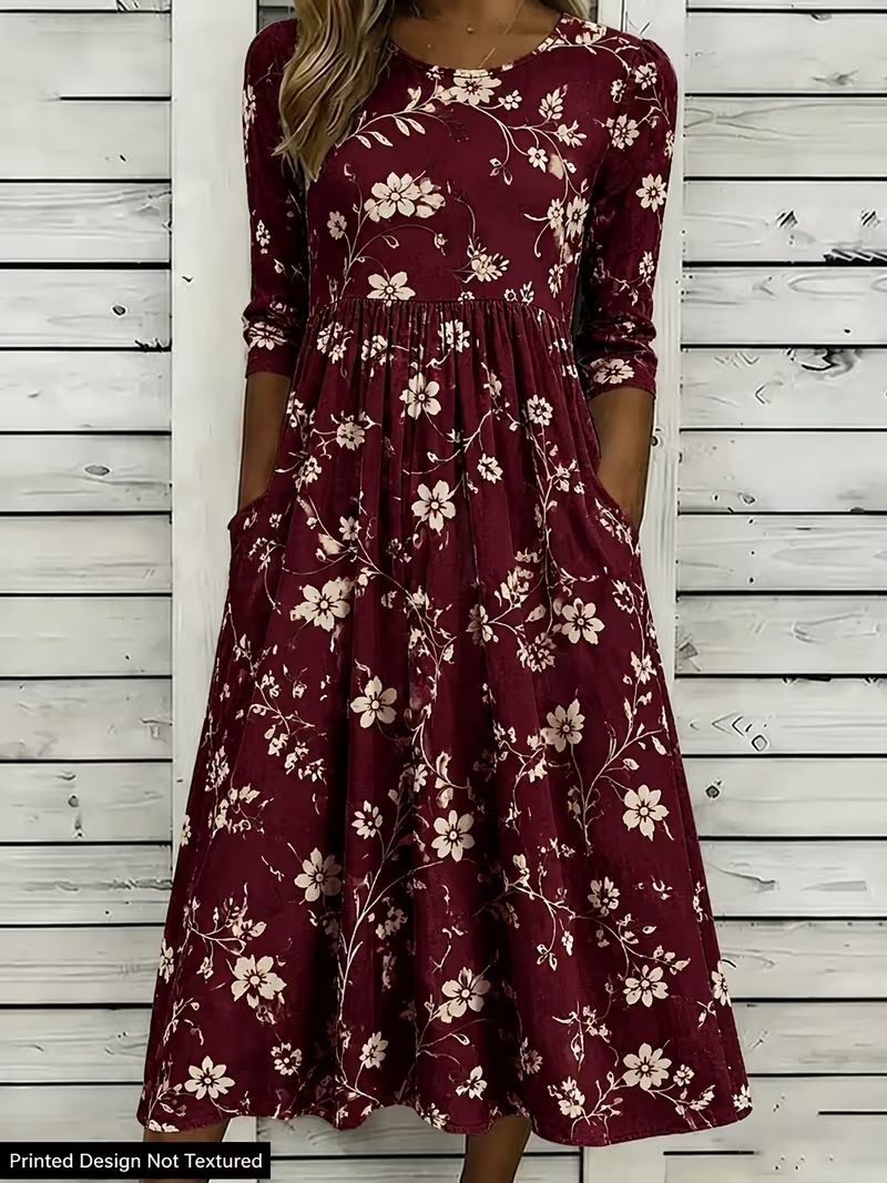 Women's Vintage Floral Print Pleated Midi Dress