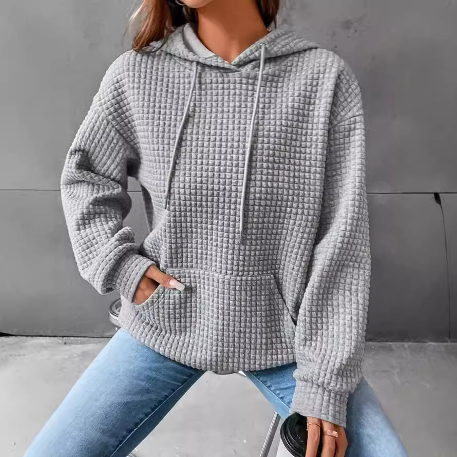 Women's Waffle Knit Crewneck Long-Sleeve Sweatshirt Solid Color