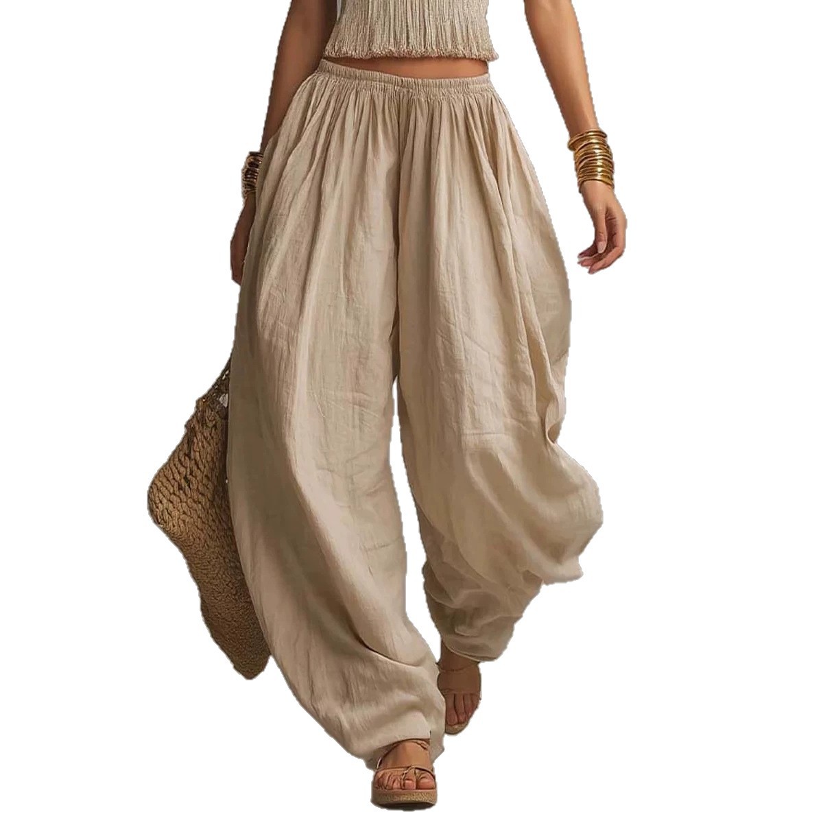 Bohemian Cotton-Linen Halter Smocked Crop Top & Lantern Pants Set