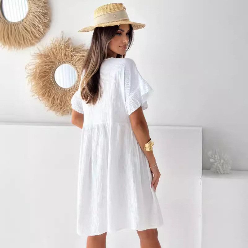 Women's Crewneck Short Sleeve Solid Pleated Loose Dress
