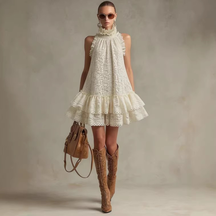 Beige Lace Sleeveless Ruffle Mini Dress