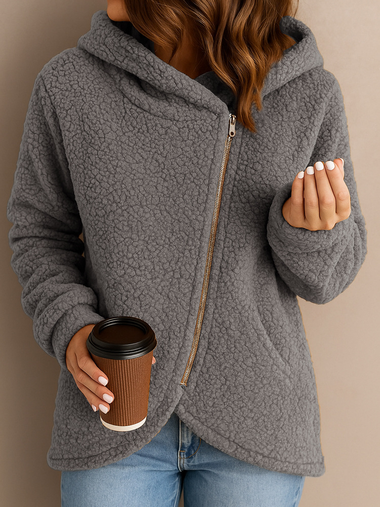 Women's Casual Loose Faux Shearling Zip Hoodie Jacket