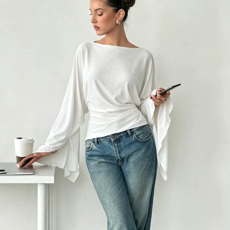 Solid Color Waist-Cinched Flare-Sleeve Long-Sleeve Top