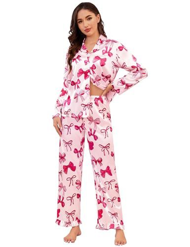 Women's Cuban Collar Butterfly Ribbon Print Long Sleeve Loungewear Set
