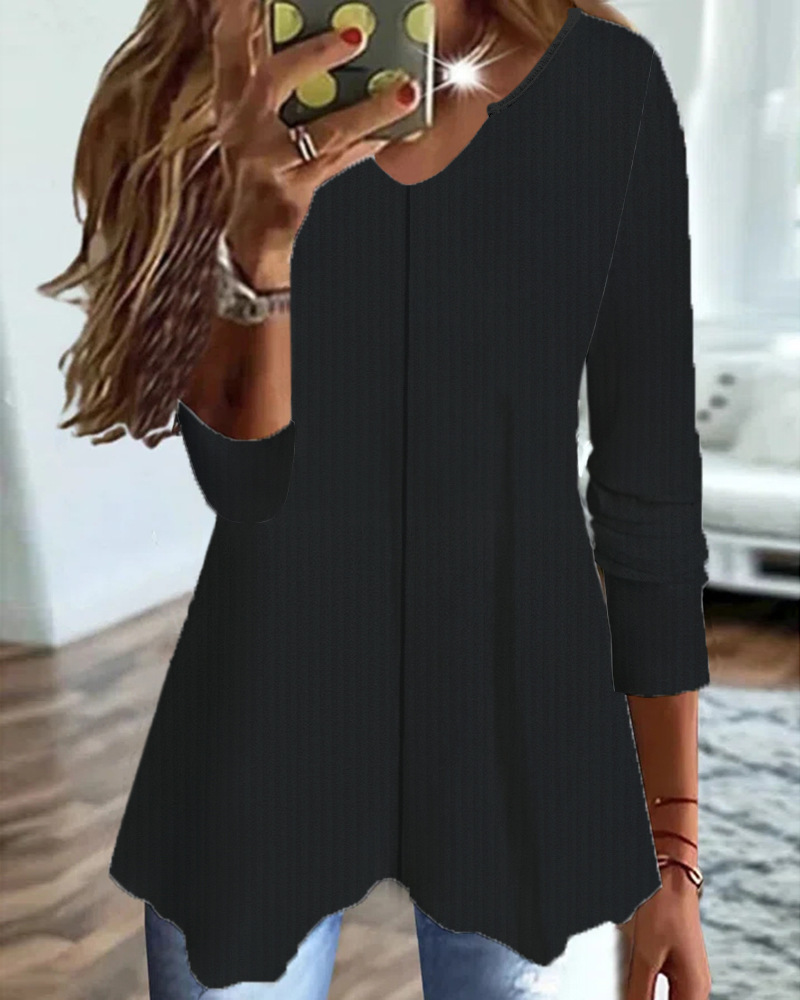 Women's Solid Color V-Neck Knit T-Shirt Long Sleeve Loose Fit