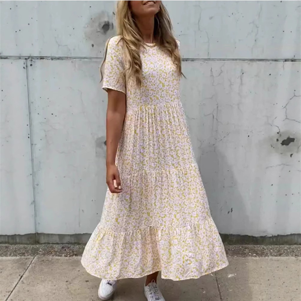 Floral Print Round Neck Casual Midi Dress