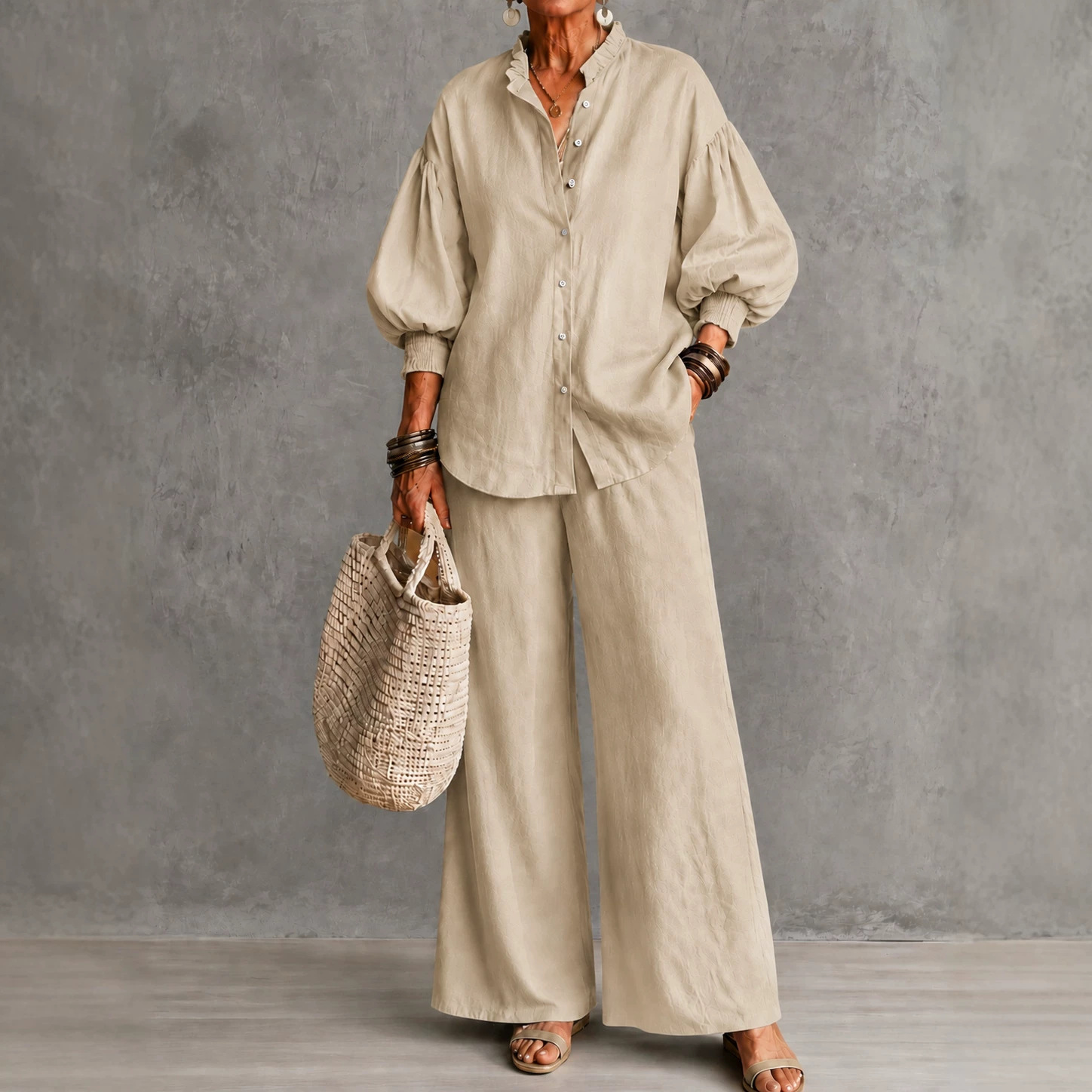 Women's Solid Ruffle Stand Collar Lantern Sleeve Shirt & Wide-Leg Pants Two-Piece Set