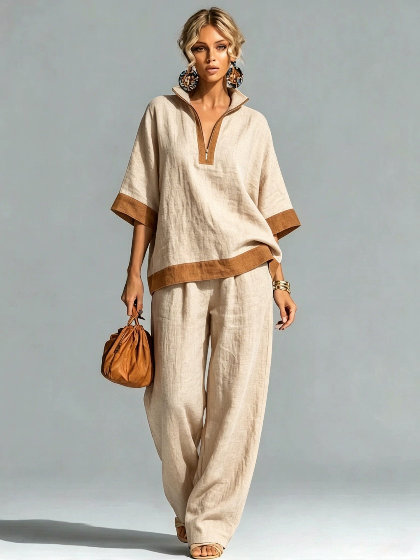 Women's Color-Block Half-Zip Cotton-Linen Shirt & Pants Set