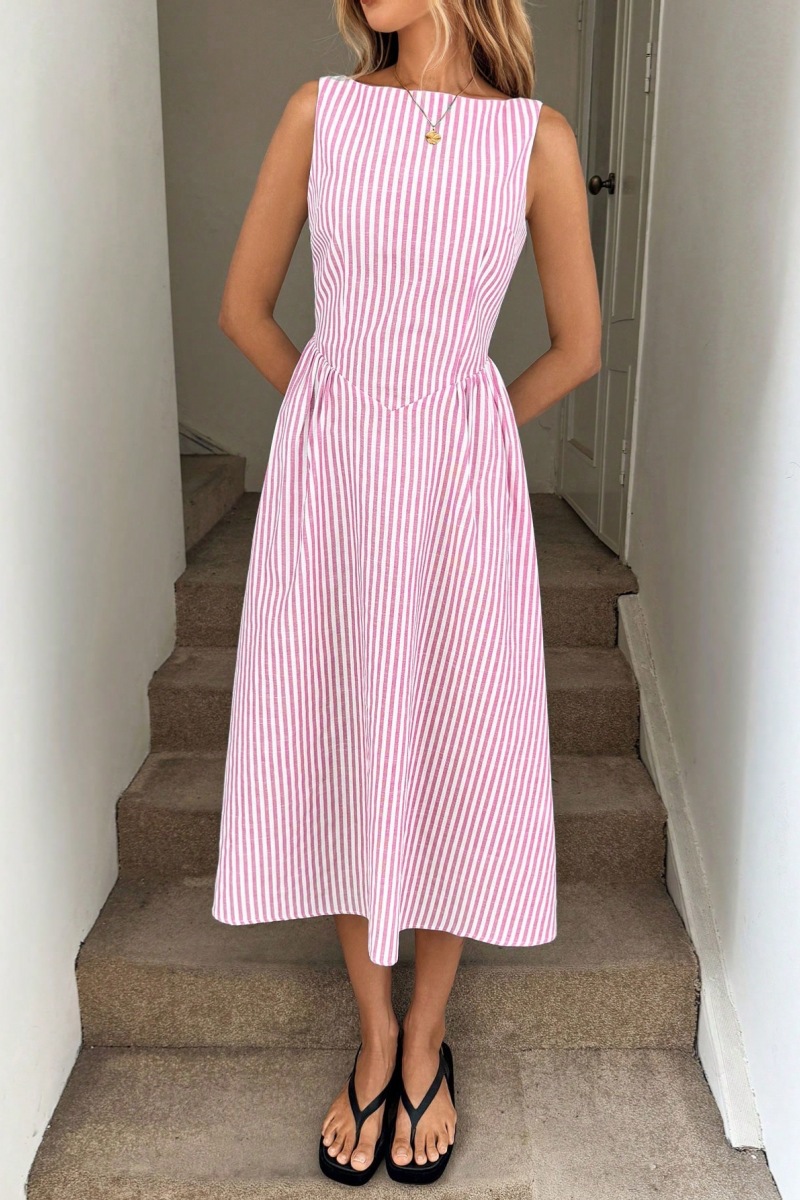 Striped Round Neck Cinched Waist Slimming Long Dress