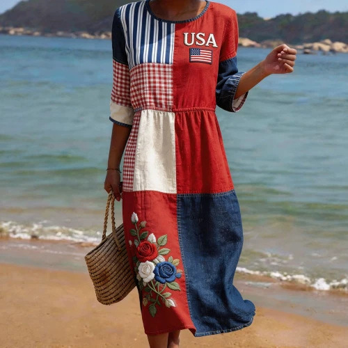 Women's American Floral Flag Print Ruched Midi Dress