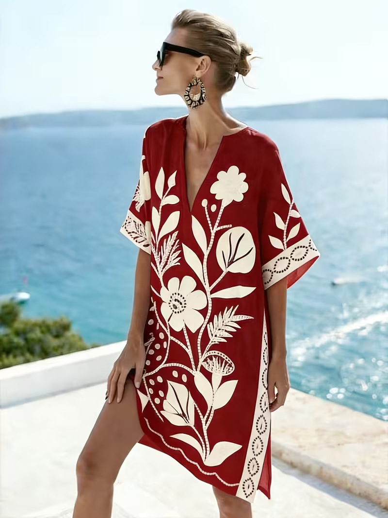 Women's Floral Print Midi Dress with Deep V-Neck and Five-Quarter Sleeves