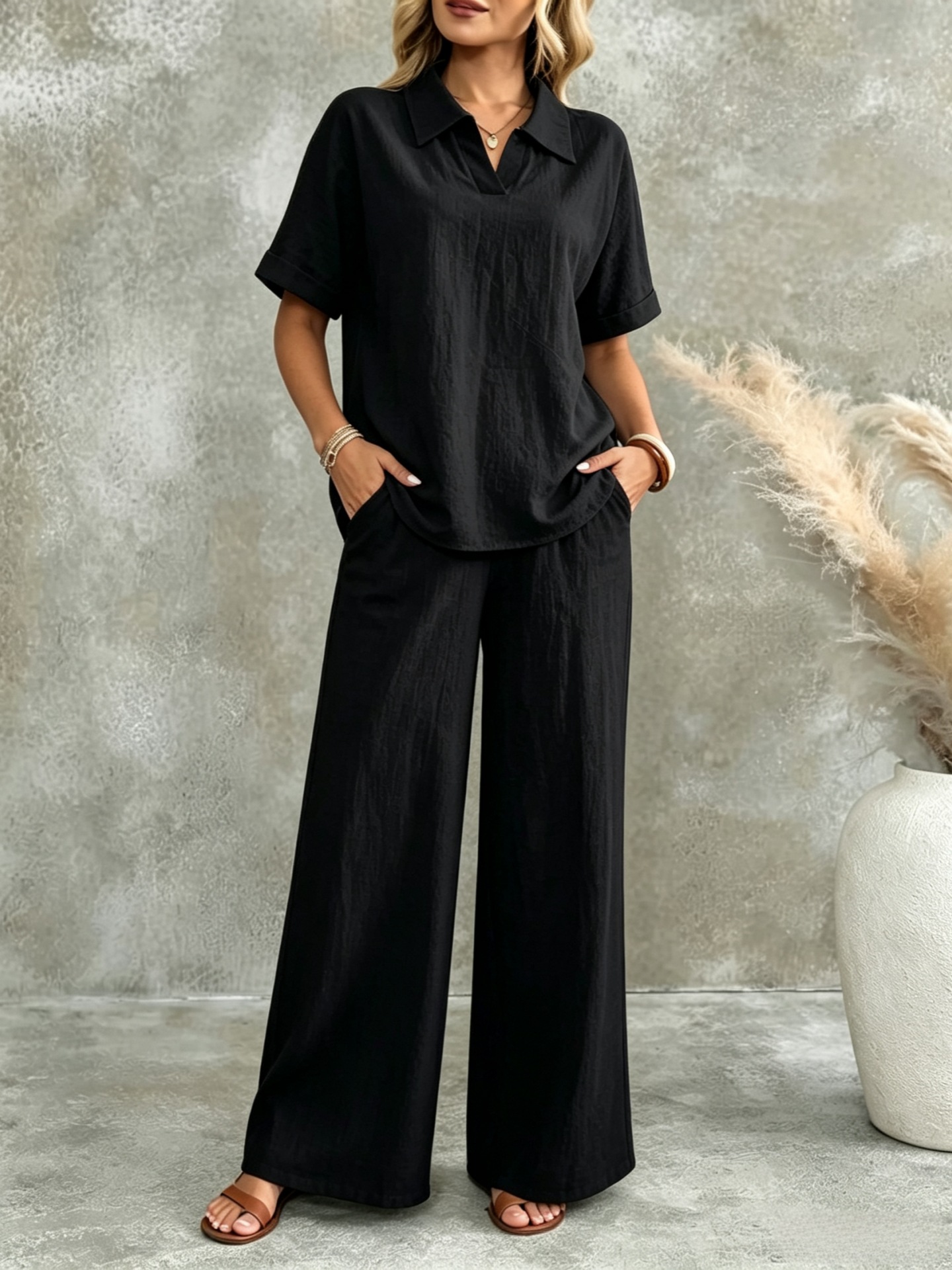 Women's Solid Short-Sleeve Collared Shirt & Wide-Leg Pants Two-Piece Set
