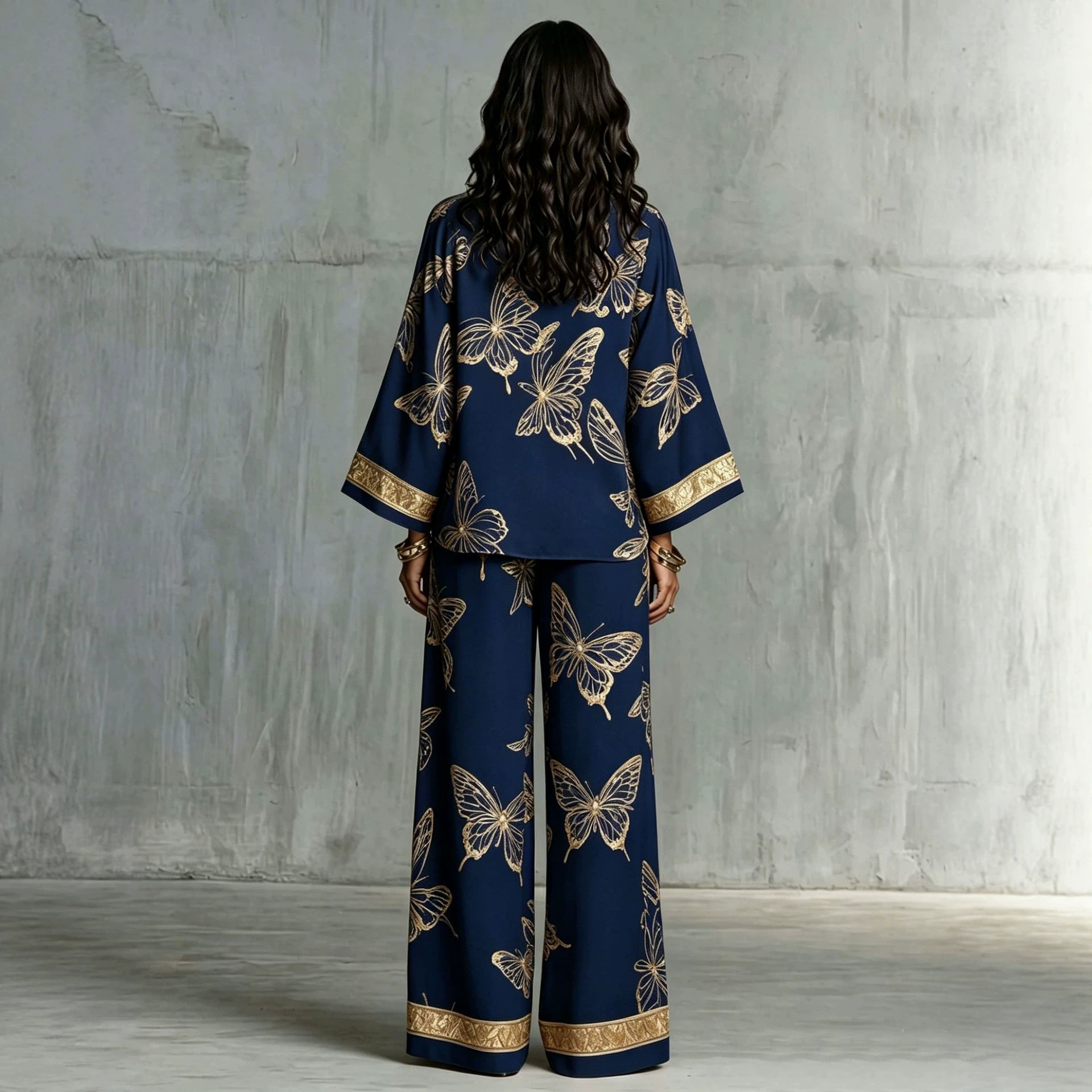 Women's Vintage Print Deep V Zip Top & Wide-Leg Pants Set