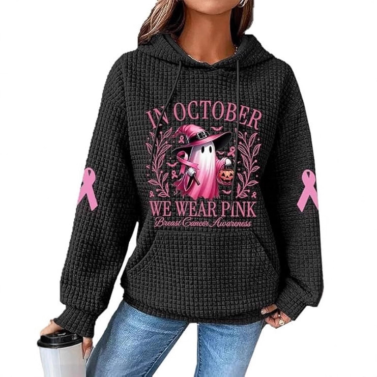 Women's Waffle Knit Hoodie with Cute Cartoon Ghost Print