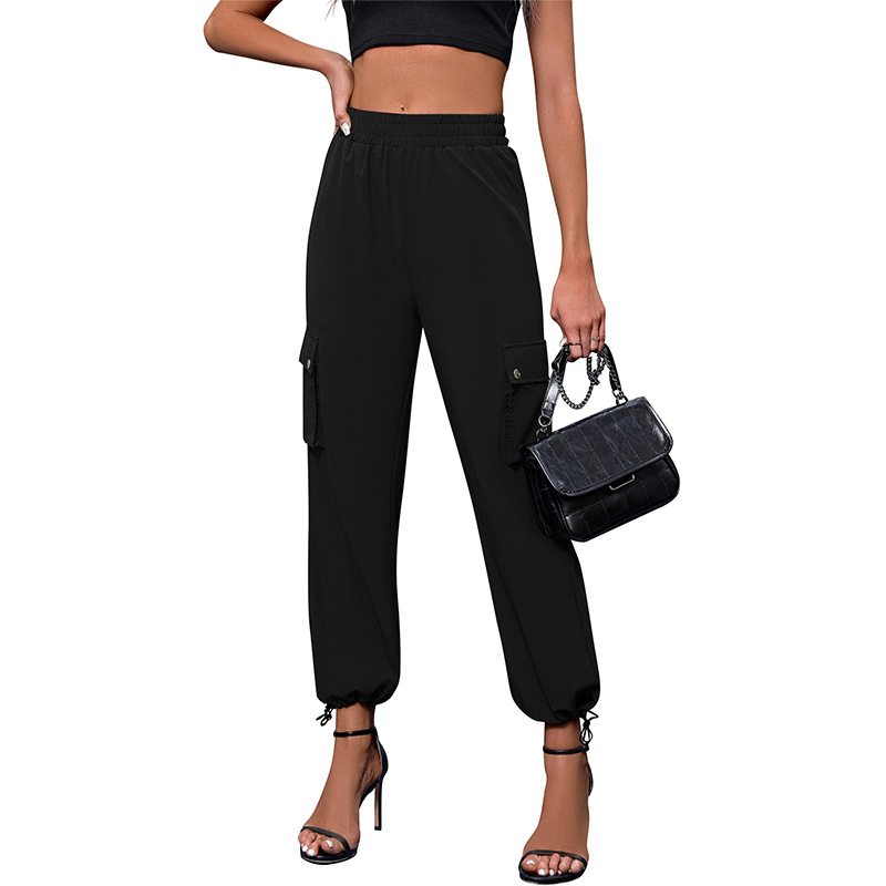 Women's High-Waist Parachute Cargo Pants with Drawstring and Pockets