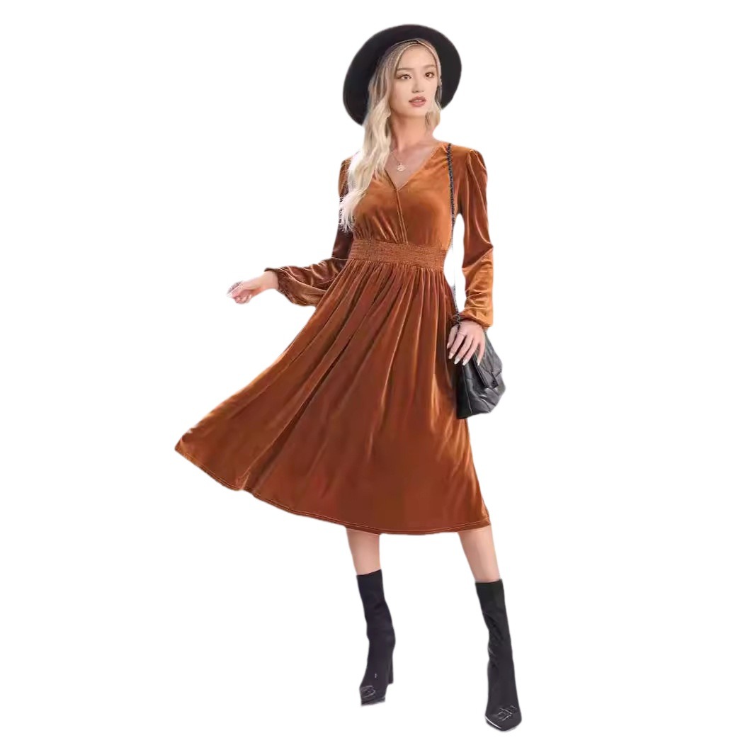 Solid Long Sleeve V-Neck Pleated High Waist A-Line Midi Dress
