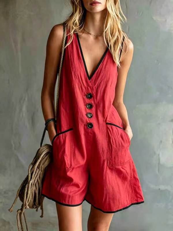 Women's Casual Loose Button Sleeveless Romper