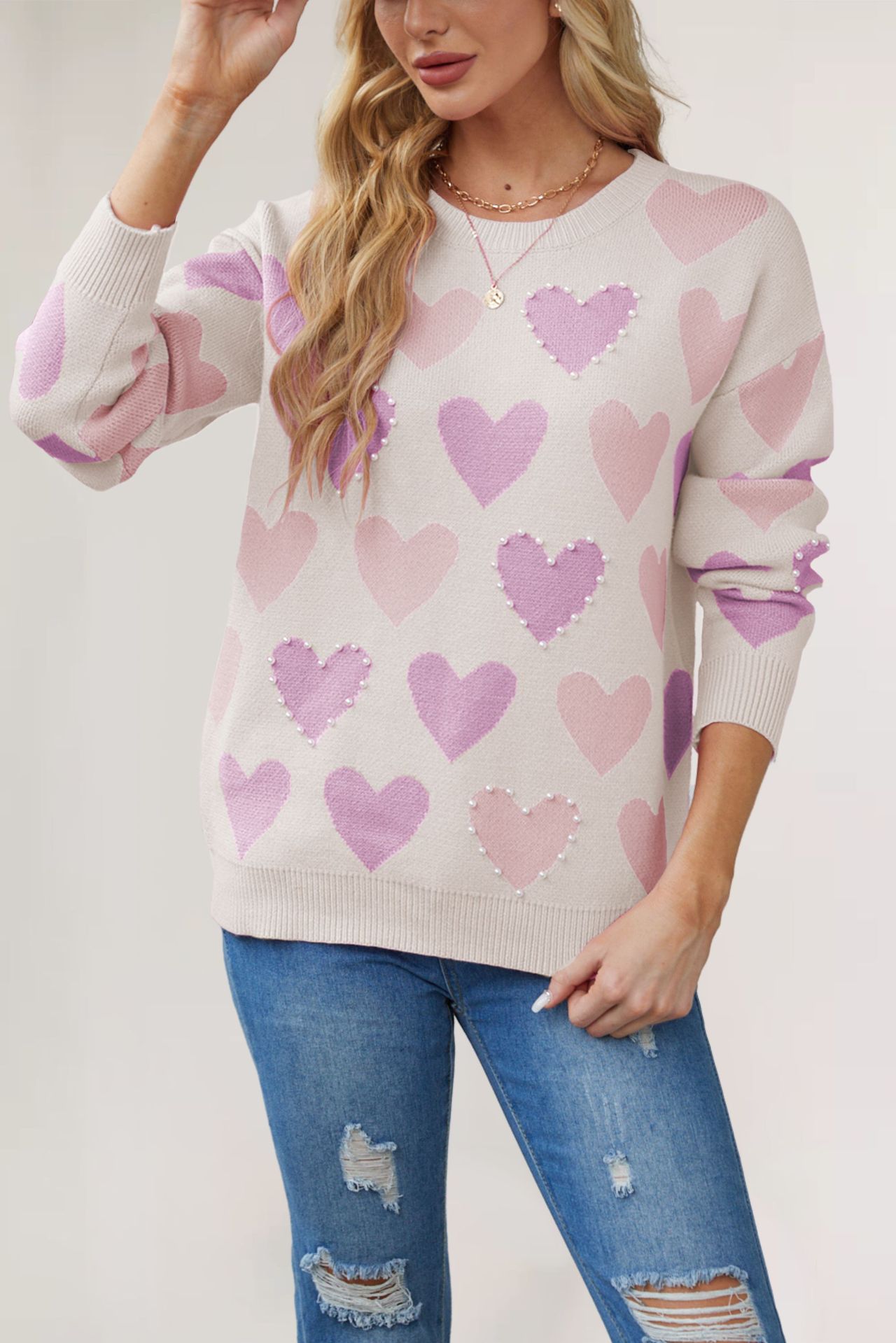 Heart Beaded Crewneck Knit Sweater