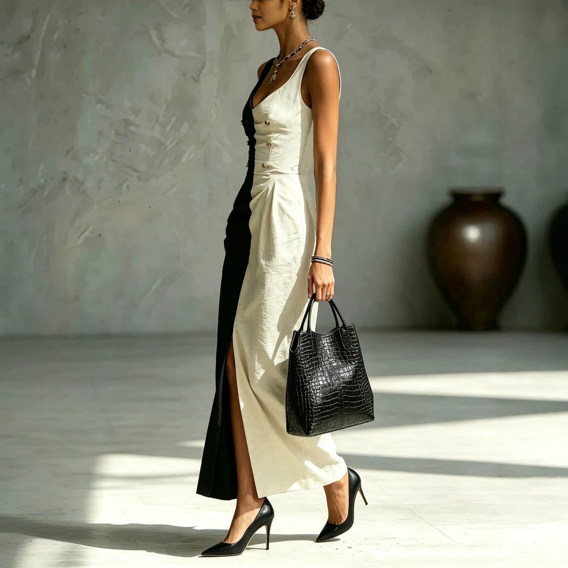 French One-Shoulder Cami Dress Colorblock A-Line Midi