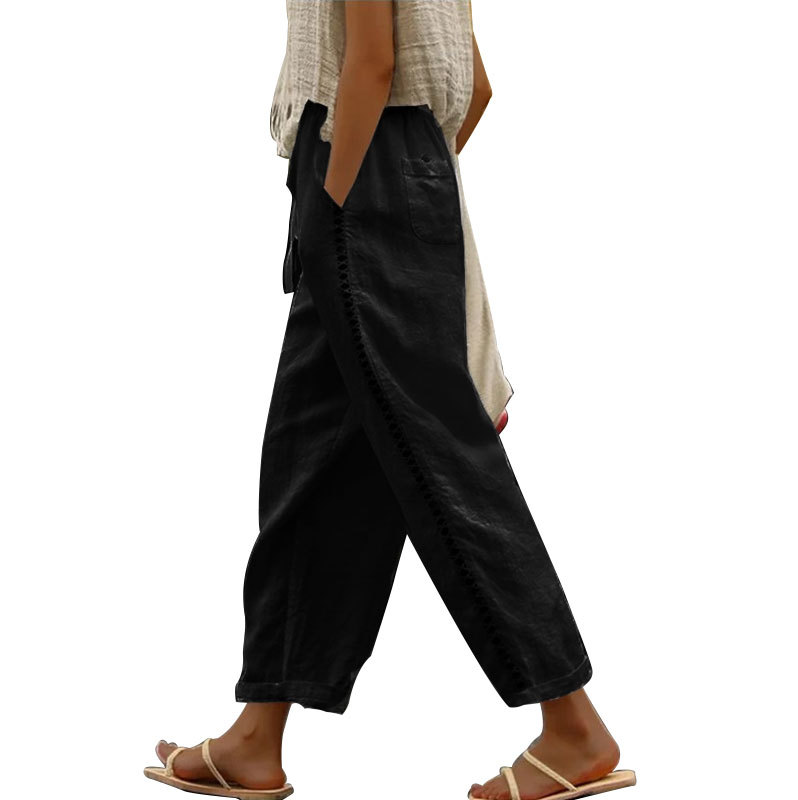Women's Cropped Straight-Leg Pants with Hollow-Out Splicing, Casual Cotton-Linen