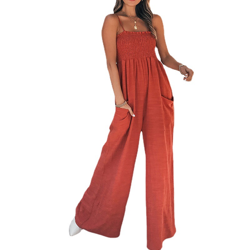 Women's Sleeveless Pleated Wide-Leg Jumpsuit Solid Color Commuter