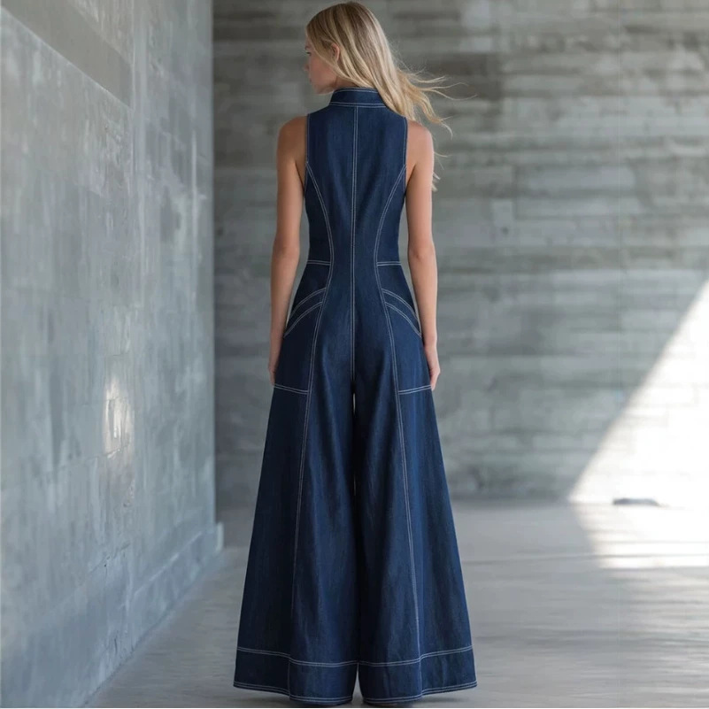 Vintage Solid Color Wide-Leg Sleeveless Denim Jumpsuit