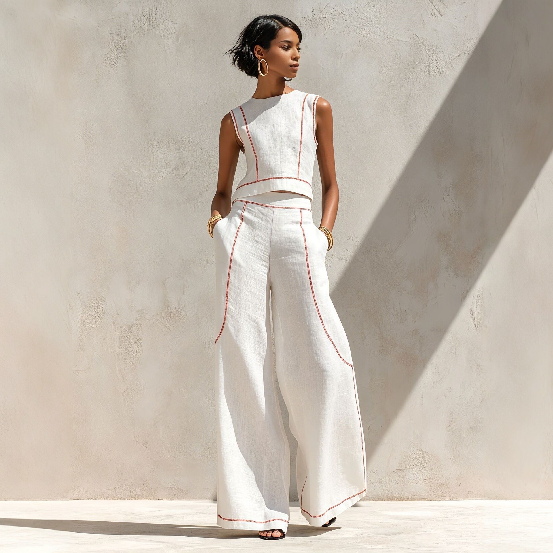 Women's Sleeveless Colorblock Wide-Leg Pants Set Casual Two-Piece