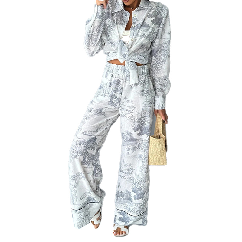 Women's Printed Shirt & Wide-Leg Pants Set – Commute Casual Two-Piece