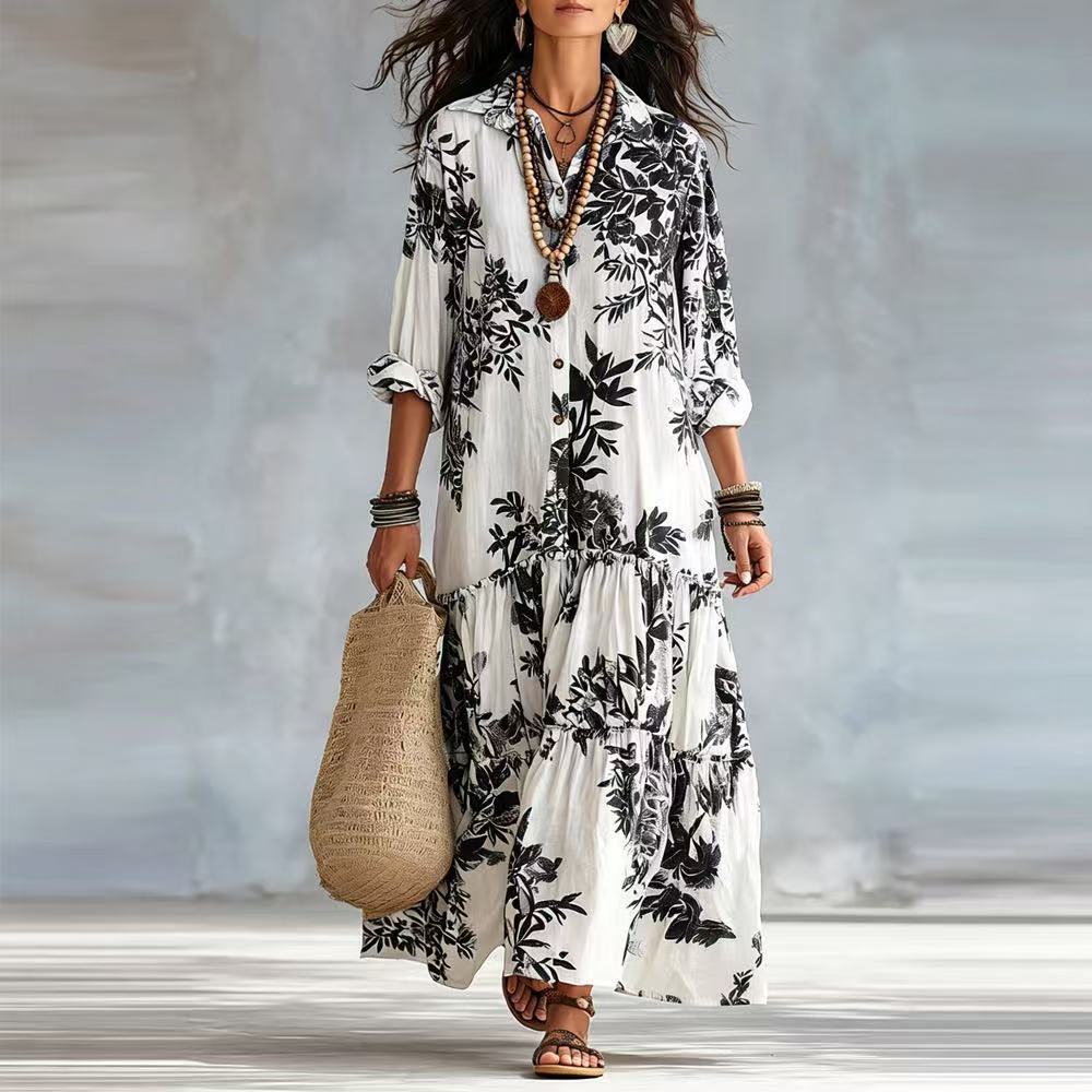 Women's Long Sleeve Collared Boho Floral Print Maxi Dress