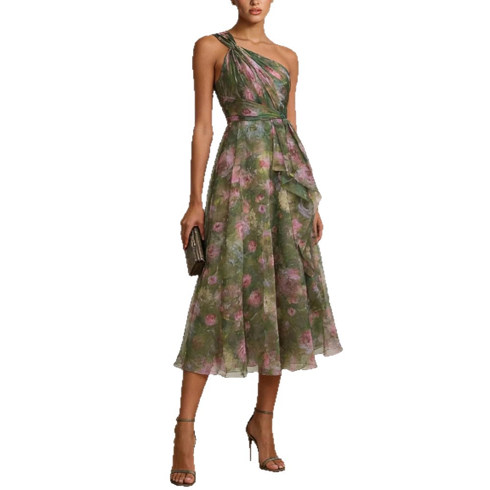 Irregular Floral Print Ruched Waist Sleeveless Dress