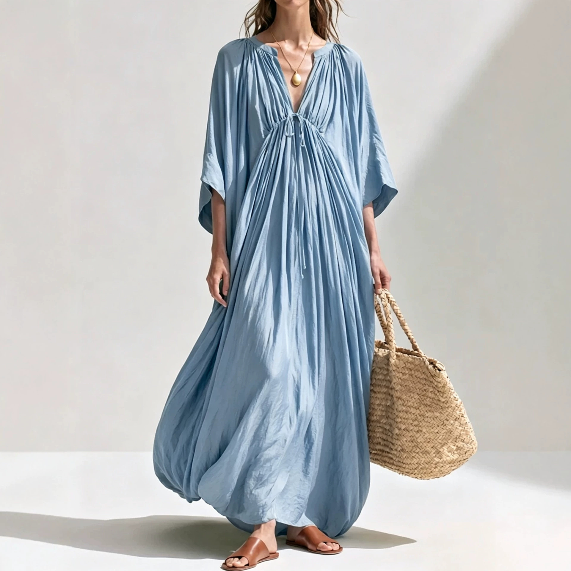 V-Neck Pleated Solid Color Loose Casual Dress