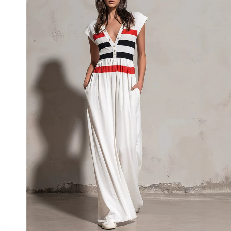 Retro Colorblock White Wide-Shoulder Long Dress
