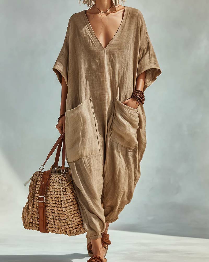 Loose Multi-Pocket Jogger Harem Jumpsuit with V-Neck