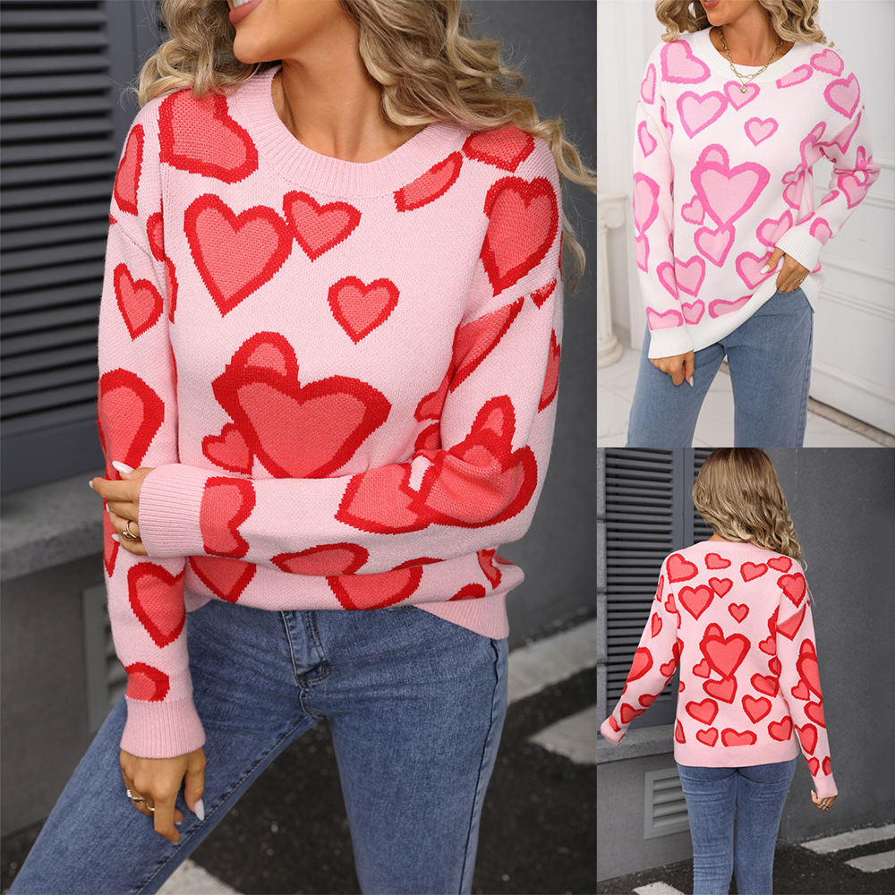 Women's Crewneck Heart Jacquard Knit Sweater
