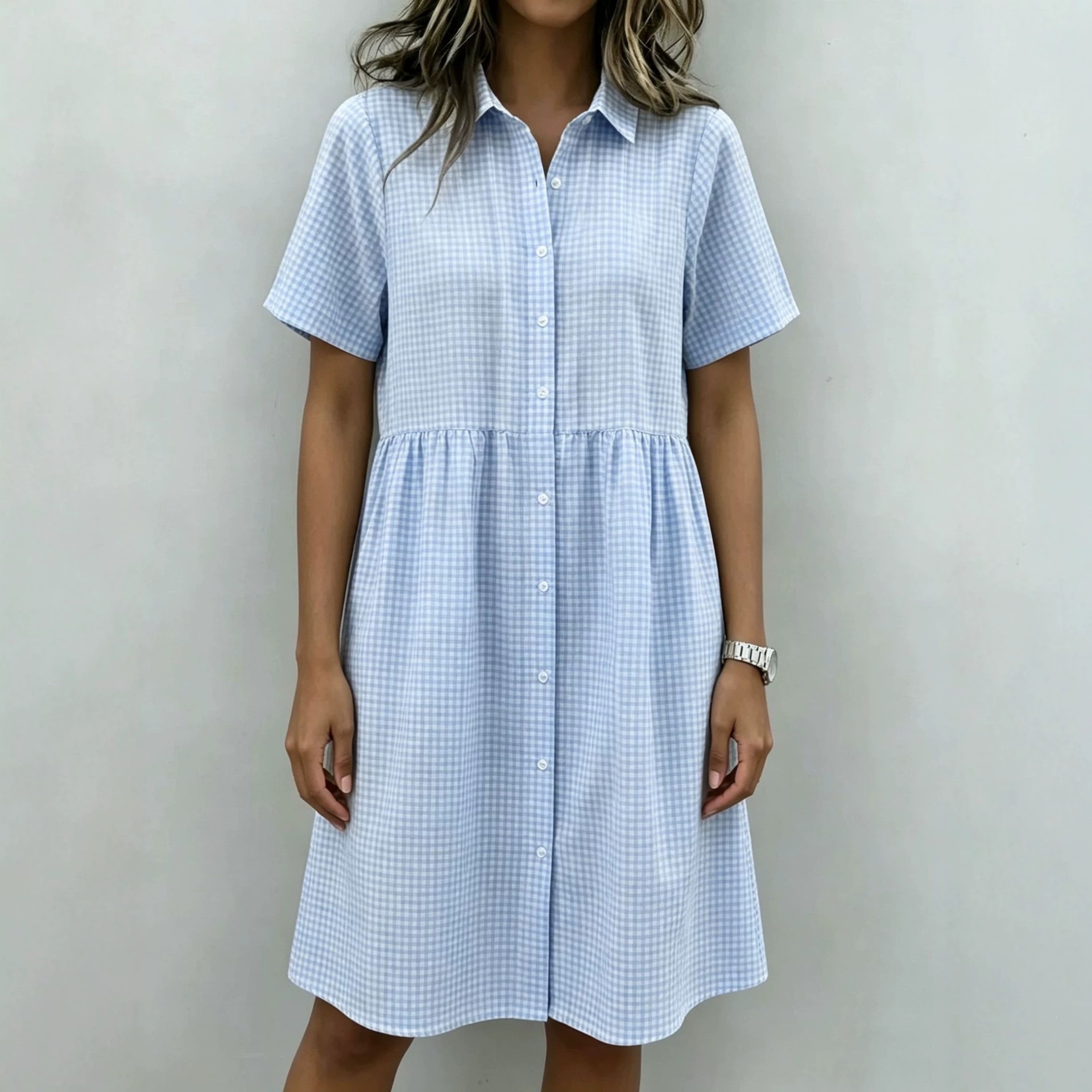 Retro Plaid Polo Collar Puff Sleeve Dress